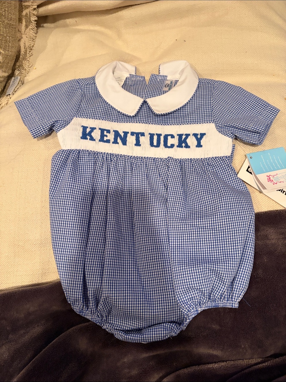Blue Gingham Peter Pan Bubble Romper with 'KENTUCKY' Smocking
